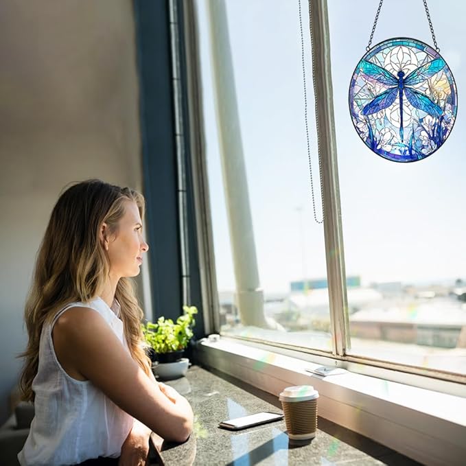 Dragonfly Suncatcher Stained Glass Window Hanging - 8” Handmade Suncatchers for Windows Door Home Garden Decor - Sun Catchers Indoor Wall Art Glass Panel Ornaments - Mothers Day Grandma Gifts for Mom