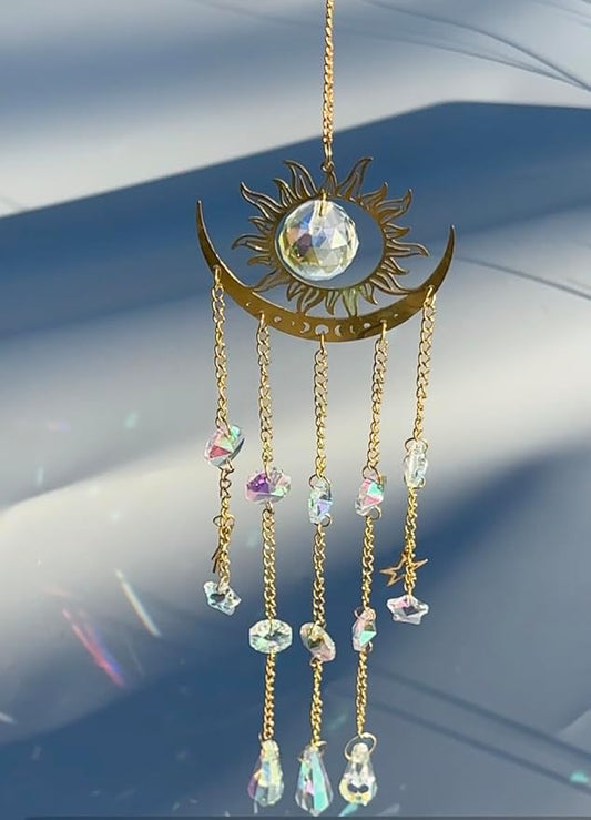 DIY Crystal Suncatcher kit with Wind Chime/Sun and Moon,Sun Catcher Dream Supplies Arts and Crafts Kits for Adults,for Indoor Window Hanging,Outdoor Garden Xmas Wedding Party Decor Gifts