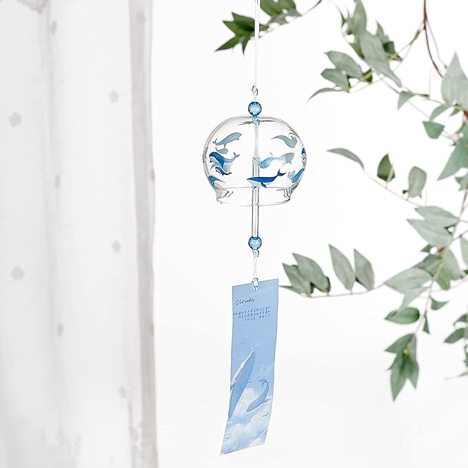 BENECREAT Japanese Wind Chimes Whale Pattern Glass Wind Bells Handmade Pendants for Birthday Gift, Home Christmas Party Decorations
