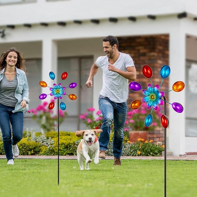 DREAMYSOUL Wind Spinners Outdoor, 10" Dia Colorful Metal Pinwheels for Yard and Garden, Kinetic Wind Sculptures & Spinner Outside (Red Flowers)