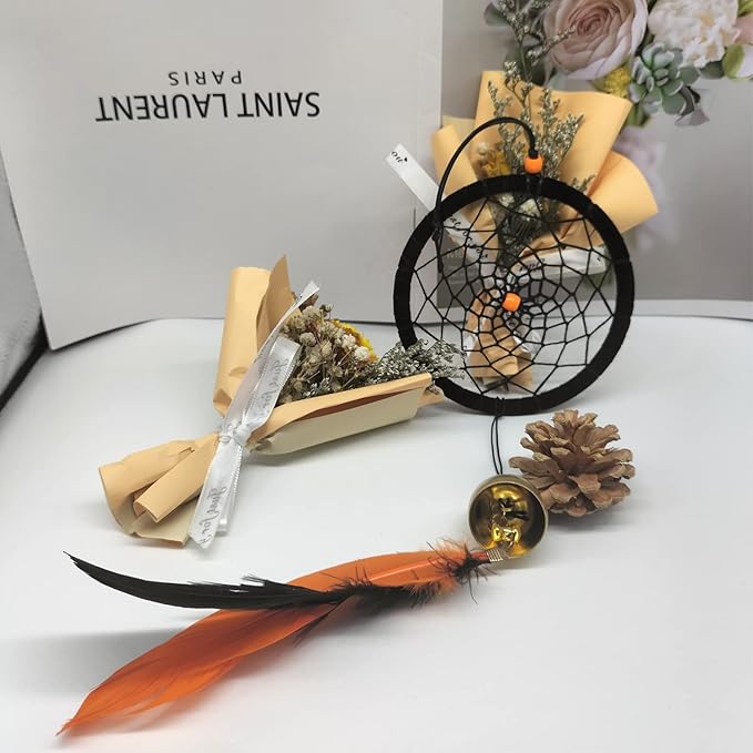 Dreamcatcher Indian Round Net Wind Chimes, Creative Black and Orange Feather Chimes for Balcony, Study, Bedroom Hanging Decoration