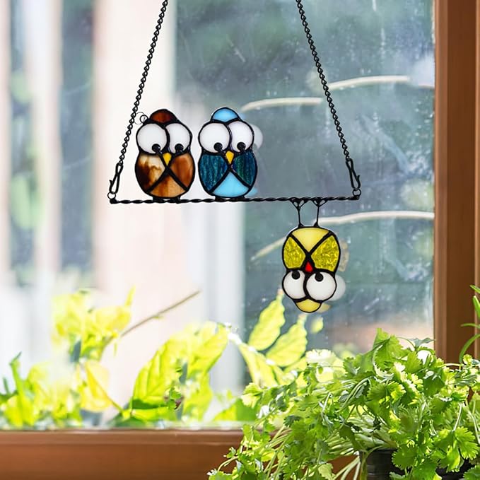 Owl Bird Gifts for Bird Lovers Stained Glass Suncatchers for Windows,Birds Decor Stained Glass Window Hangings,Owls Ornament Housewarming Gift Owls Gifts for Women Owl Lover