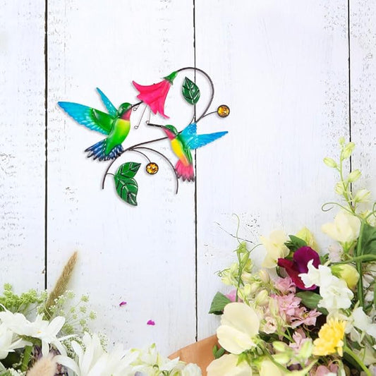 Metal Wall Art Hummingbird with Flower Decor, Metal Birds Yard Outdoor Wall Art, Hanging Bird Wall Decor for Living Room Home Indoor