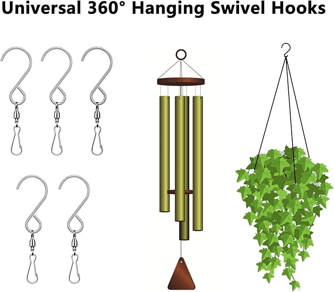 Swivel Hooks, 12 Pack 360° Hanging Swivel Hooks with 12.9in Extended Chain for Outdoor Wind Spinners, Wind Chimes, Windsock and Crystal Twisters Parts Supplies (12 Pack)