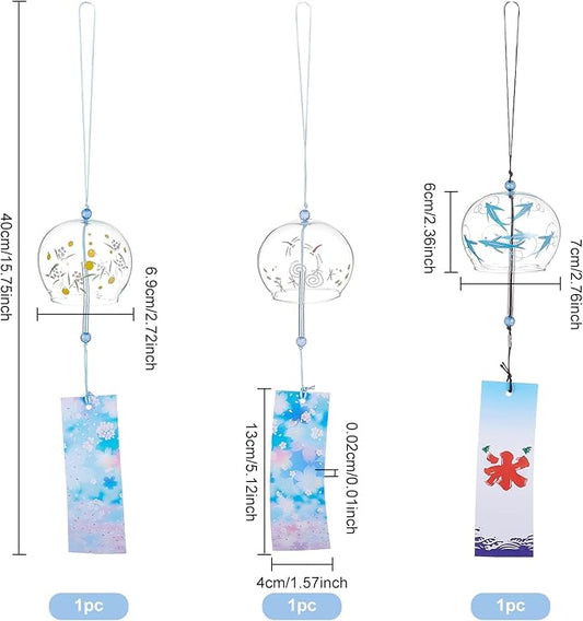 BENECREAT 3Pcs 3 Style Animal Pattern Japanese Wind Chimes, Light Sky Blue Glass Wind Bells Handmade Pendants for Birthday Gift and Home Decors