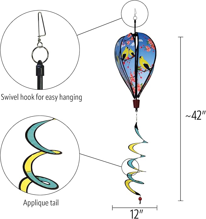 In the Breeze Goldfinch Family 6-Panel Kinetic Hot Air Balloon Wind Spinner,11" W x 17" H, 26" Tail,1056
