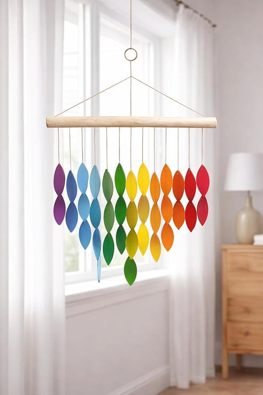 OMA Rainbow Waterfall Glass Wind Chime – Sandblasted Recycled Glass & Driftwood, Handcrafted Large 20″ Chime for Porch, Patio & Home