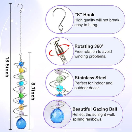 Sun Catchers, 2pcs Gazing Ball Spiral Tail Wind Spinners Crystal Suncatcher Prism Hanging Crystals Rainbow Maker for Windows Indoor Outdoor Garden Car Decorations Christmas Party Gifts for Girls Women