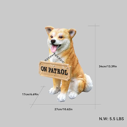 Akita Dog Garden Statue with Solar Lantern & Interchangeable Welcome/On Patrol Sign, Outdoor Resin Puppy Sculpture Decor for Patio, Porch, Yard, Lawn Ornament, Gift for Dog Lovers