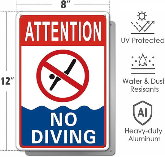 No Diving Pool Sign - 8 x 12 inch Aluminum Metal Pool Signs for Outside, Patio, Back Yard, Swimming Pool, Beach, Inside, UV Protected and Waterproof