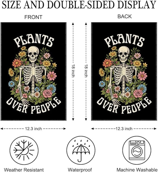 Plants Over People Halloween Garden Flag Double Sided Yard Outdoor Decoration 12x18 Inch, Plant Garden Flag, Halloween Skull Floral Patio Decorative Banner, Funny Skeleton Gardener Gifts