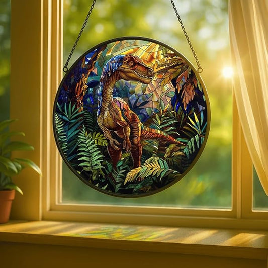 Stained Glass Window Hanging - Raptor Dinosaur in Jungle Scene Sun Catchers Indoor Stained Glass Panels Wall Decor for Mom,Wife,Lovers,Festive