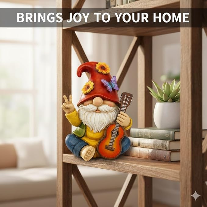GoGnome Peace Sign Garden Gnome Figurine Outdoor Statue, Funny Guitar Playing Dwarf Rock Music Decor - 6โโ Resin Lawn Ornament, Unique Housewarming Gift for Music Lovers & Gardeners (Red)