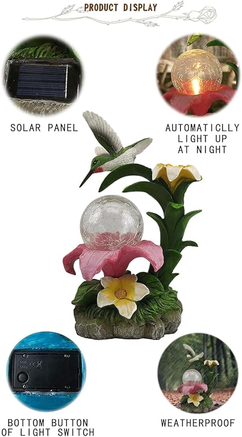Eletina Resin Hummingbird Solar Light with Flower Garden Decorations,Waterproof Statues and Figurines Light Garden Art for Patio Lawn Yard Decorations (Resin Hummingbird Solar2)