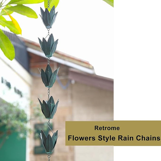 Rain Chains - 8.5 FT Rain Chains for Gutters Downspouts - Outside Leafy Flowers Cups Rain Chain - Antique Blue