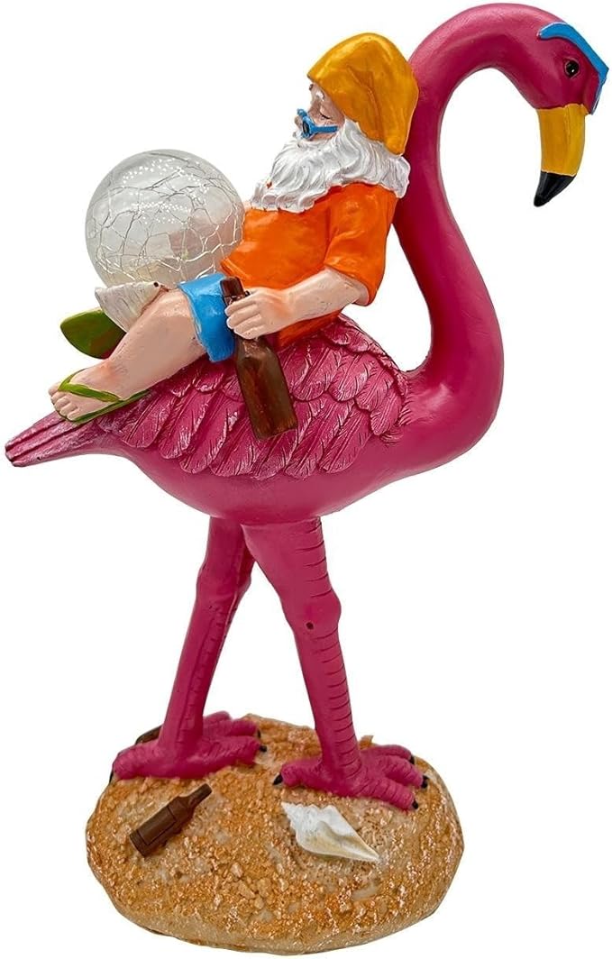 Solar Gnome with Flamingo - Funny Outdoor Garden Decor Statue with Glass Ball Light, Automatic LED Illumination for Patio, Yard, Lawn