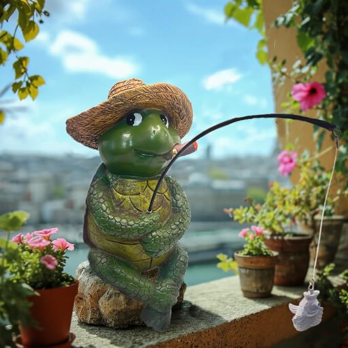 Tortoise Fishing Statue Garden Decor,9.8" Weatherproof Resin Tortoise Fishing Sculpture Decor for Fish Ponds, Koi Ponds, Waterfalls, Poolside Outdoor Gardens Resin Figurine for Indoor Outdoor Décor