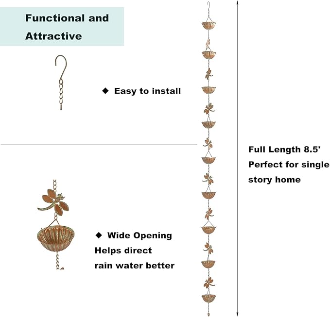 Dragonfly & Bowl Rain Chains, 8.5 ft Length Decorative Rain Catcher Chain for Gutters Outside, Iron Rain Gutter Replacement Downspout, Patina Color