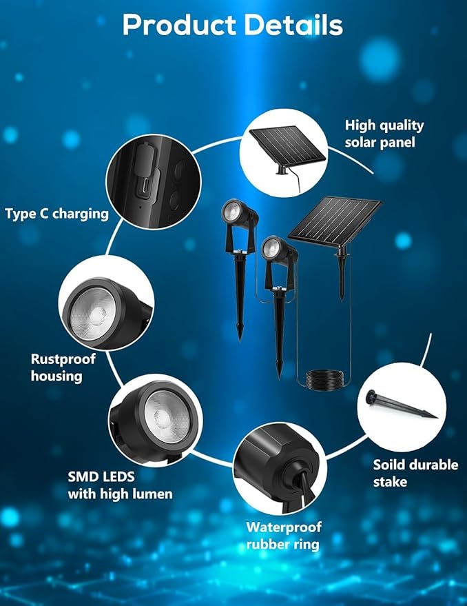 ZYAN Solar Landscape Spotlights, Separate Panels and USB-C Powered 10800mAh Auto On Off Dusk to Dawn, Outdoor IP65 Waterproof Spotlights, Warm White for Yard Path Patio (8 Pack)