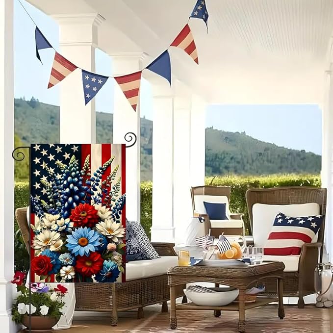 4th of July Patriotic Garden Flag 12x18 Double Sided, Small Burlap Summer Independence Day Floral Garden Flags Memorial Day Fourth of July Decorations Outdoor Yard Flags for Outside Lawn Porch Decor