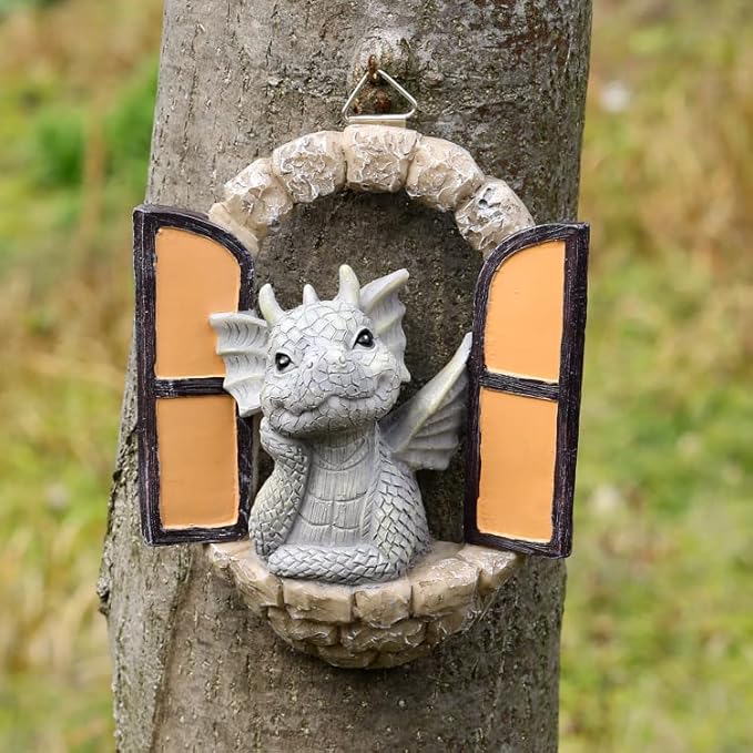 SHOWFEICAT Dragon Garden Ornament Resin Craft Ornament Statue Fairy Door Yard Art Outdoor and Garden Solar Light Luminous Sand Open Door Dragon Wall Statue Outdoors Decor (Eye to Eye)