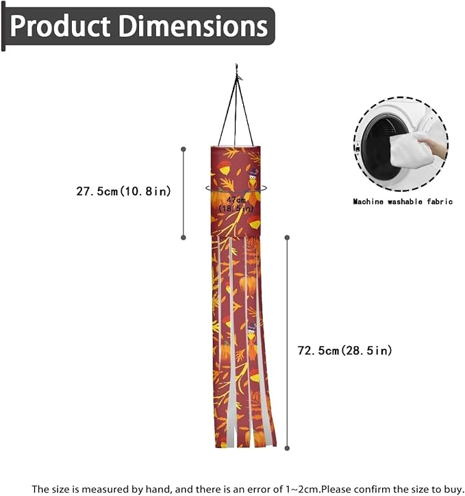 Fall Turkey Pumpkin Maple Leaf Windsock Flag Durable Lightweight Machine Washable Wind Sock with Tails Thanksgiving Patio Lawn Garden Tree Party Decoration