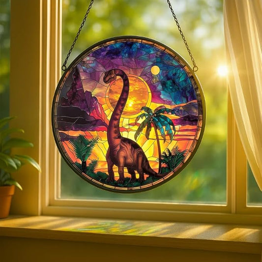 Stained Glass Window Hanging - Brachiosaurus with Sunset Palms Sun Catchers Indoor Stained Glass Panels Wall Decor for Mom Wife Lovers Festive