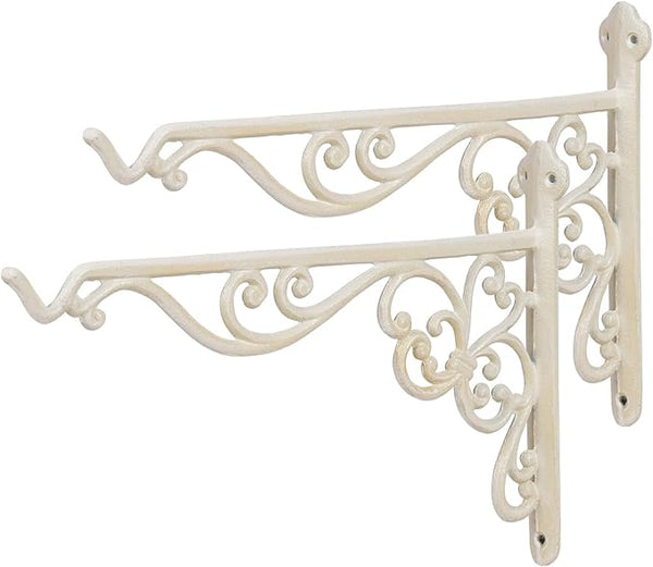 Sungmor Decorative Cast Iron Hanging Bracket - 15.6" Thickened Outdoor Metal Plant Hangers, Vintage Scroll Design for Signs, Planters, Lanterns, Bird Feeders - 2 Pack Heavy Duty Wall Hooks, White