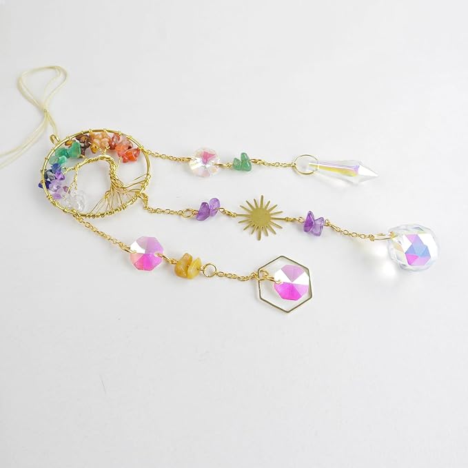 Crystal Sun Catcher, 7 Chakra Tree of Life Crystal Suncatcher Hanging for Indoor Window, Dream Catchers for Car, Spiritual, Rainbow Maker, Garden Home Decor