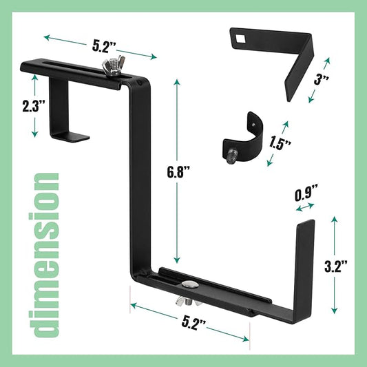 Adjustable Planter Box Bracket, Black, 1 Pair - Hanging, Metal Alloy Steel Iron, Compact, No Drill, Fits 5-8.3 Inch Width, Suitable for Railings, Windows, Balconies, Fences