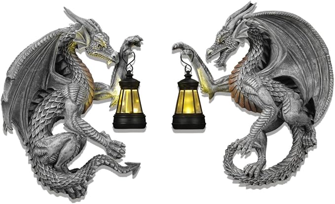 Dragon Outdoor Porch Decor Hugger with Solar Lantern Gothic, Dragon Statue Garden Lights, Gifts for Mom, Housewarming Gifts for Women, Gifts for Christmas, Ideal Dragon Garden Decor-Pair