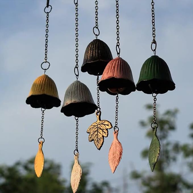 Japanese Traditional Lucky Small Wind Chimes for Outside, Green Leaf Iwachu Cast Iron Bless Temple Wind Bell Memorial and Sympathy Leaf Wind Chimes Indoor Garden Bell, Patio, Balcony