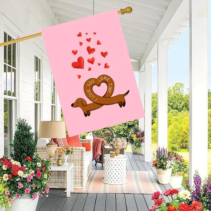 Dachshund Valentine House Flag Weiner Dog Valentines Day Garden Decorative for Outside 28 x 40 Double Sided I Love You Long Time Holiday Anniversary Yard Banner