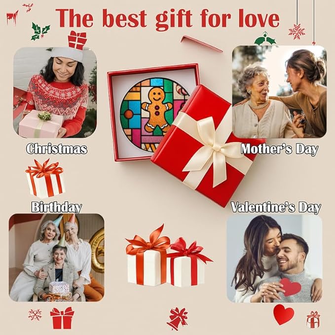 Stained Glass Window Hanging - Christmas Color Block Gingerbread Cookie with Peppermint Ornaments Sun Catchers Panel for Indoor Decorative Display for Mom,Wife,Lovers,Festive