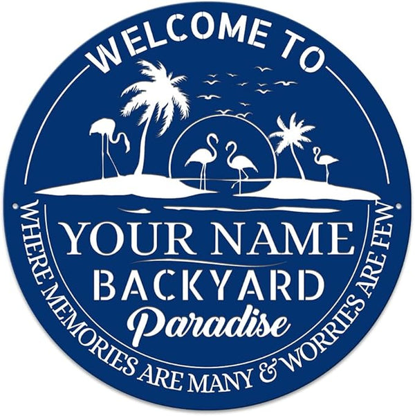 MeMate Personalized Backyard Signs, Patio Sign for Outdoor Decor, Customized Name Metal Sign, Flamingo Backyard Paradise Sign, Round Printed Metal Sign for Restaurants Farmhouse Porch Deck