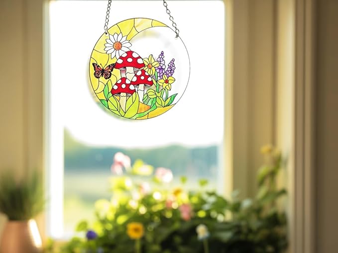 Mushroom Moon Stained Glass Suncatcher Home Decor, Mushroom Plant Lover Gifts for Women, Birthday Gifts for Mom Grandma Mothers
