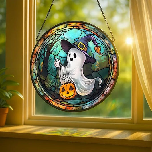 Stained Glass Window Hanging Halloween Ghost with Pumpkin 11.8in Sun Catchers Panel for Indoor Decorative Display for Mom Wife Lovers Festive