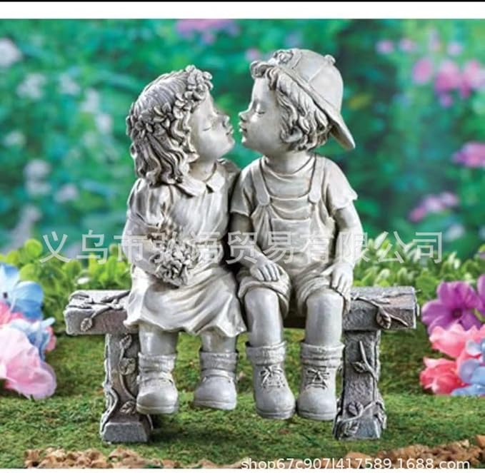 Stone Effect Kissing Kids Garden Statue Outdoor Decor Boy Girl Ornament Bench