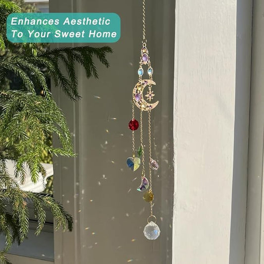 Moon Prism Crystal Suncatcher for Car Rear Mirror- Hanging Decoration for Indoor Window Outdoor Patio Chandelier Garden - Rainbow Maker Hanging Ornament