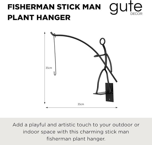 Gute Fisherman Stick Man Plant Hanger, Creative Wall Mount Metal Decor Plant Holder for Balcony Garden Porch - 14" Black