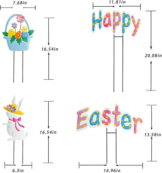 Easter decor Garden Stakes Set of 4,Easter decorations outdoor,Easter outdoor decorations yard,Metal easter yard decorations outdoor,Easter outdoor decorations, Easter Rabbit & Egg Yard Signs.