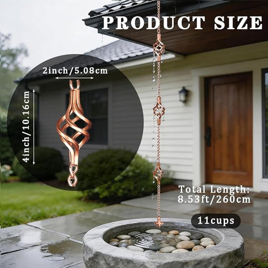 8.5FT Rain Chains with Spiral Bird Cage Rain Chain Cups, Rain Catcher for Gutters, Decorative Copper Rainwater Diverter Rain Chimes for Garden Decor,Replacement for Outside Gutter Downspouts in Spring