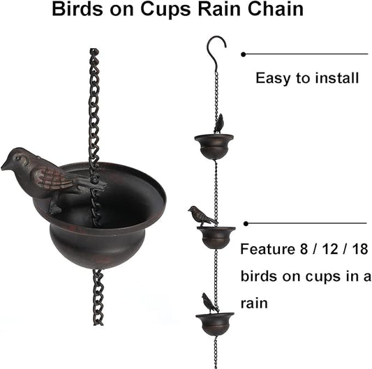 Jemeni 5.5 Feet Rain Chain with 8 Birds on Cups - Dark Bronze Metal Gutter Chain, Easy Install with Attached Hanger