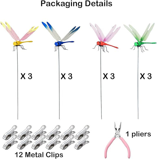 Jongdari 12 Sets Dragonfly Hat Clip Realistic Fake Dragonflies Clip-On Garden Outdoor Decor Stakes Plastic Dragon Fly Clips Plant Decorations for Pots, Includes Pliers & Clips
