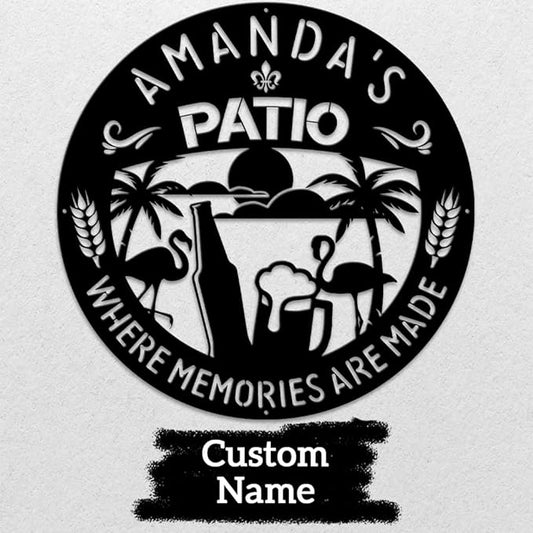 MeMate Patio Sign Outdoor Decor, Personalized Metal Sign for Backyard, Patio, Custom Name Signs for Garden Porch, Deck, Flamingo Beer Large Metal Sign for Outside, Housewarming Gifts