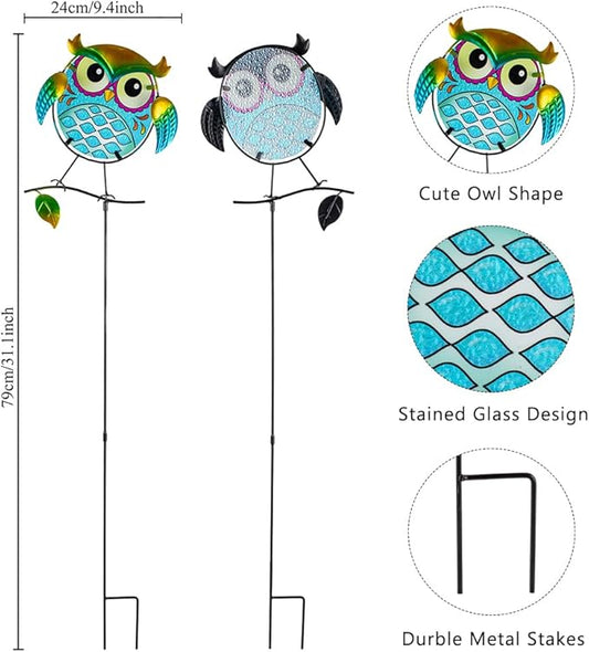 Decorative Garden Stakes,Set of 3 Owl Stained Glass Metal Yard Art Outdoor,Waterproof Spring Garden Stakes Decorative for Lawn Patio Pathway