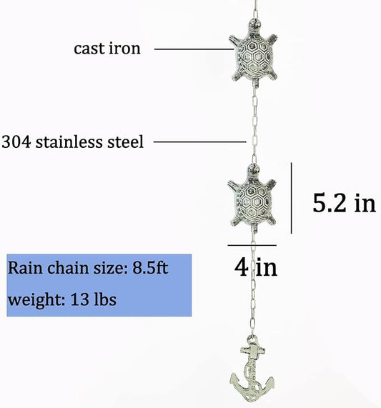 8.5 Feet Heavy Duty Stainless Steel & Cast Iron Turtles Rain Chain for gutters,Green