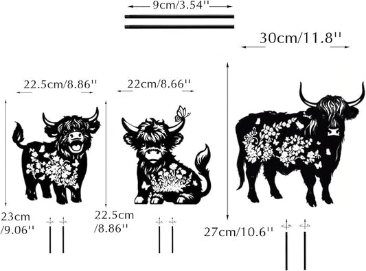 Metal Highland Cattle Decor for Outside,3 Piece Black Highland Cattle Silhouette Statues Garden Decor for Outside,Outdoor Decor,Yard Art,Lawn Ornaments,Gifts(Black Highland Cattle)