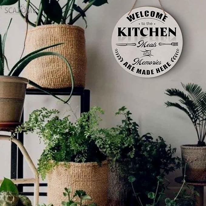 Welcome To The Kitchen Meals And Memories Are Made Here Round Rustic Wood Sign Plaque Vintage Wall Door Art Sign Cute Wooden Hanging Sign Decor for Home Kitchen Farmhouse Entryway 12 Inch