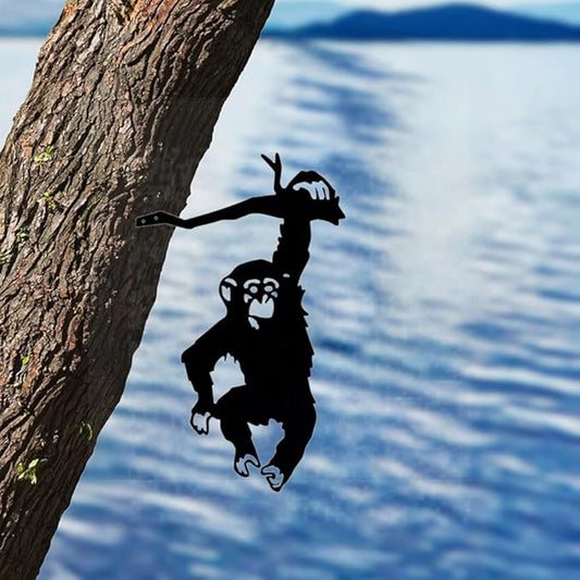 Hanging On The Branch Monkey Statue Garden Stake Yard Art Decor Iron Silhouette Metal Wall Art Home Garden Patio Outdoor Statue (9.84IN*6.1IN)